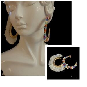 Mismatched Fuzzy Rainbow Beaded Hoop Fiesta Statement Earrings